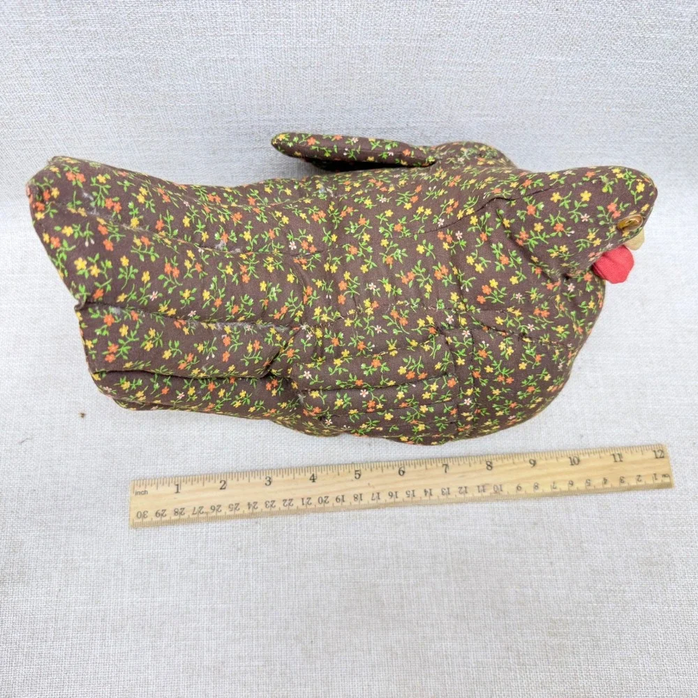 Vintage Quilted Fabric Chicken Hen Figurine Brown Floral Calico Farmhouse Decor